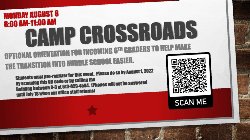 Flyer for Camp Crossroads happening August 8 from 8-11 a.m.